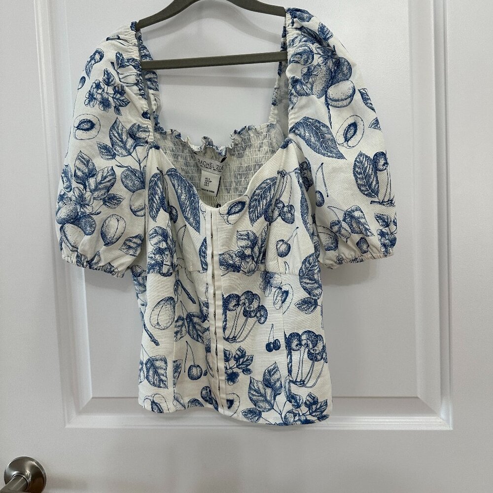 Rachel Zoe Fruity Print Puff Sleeve Linen Top w hook front closure Size Small